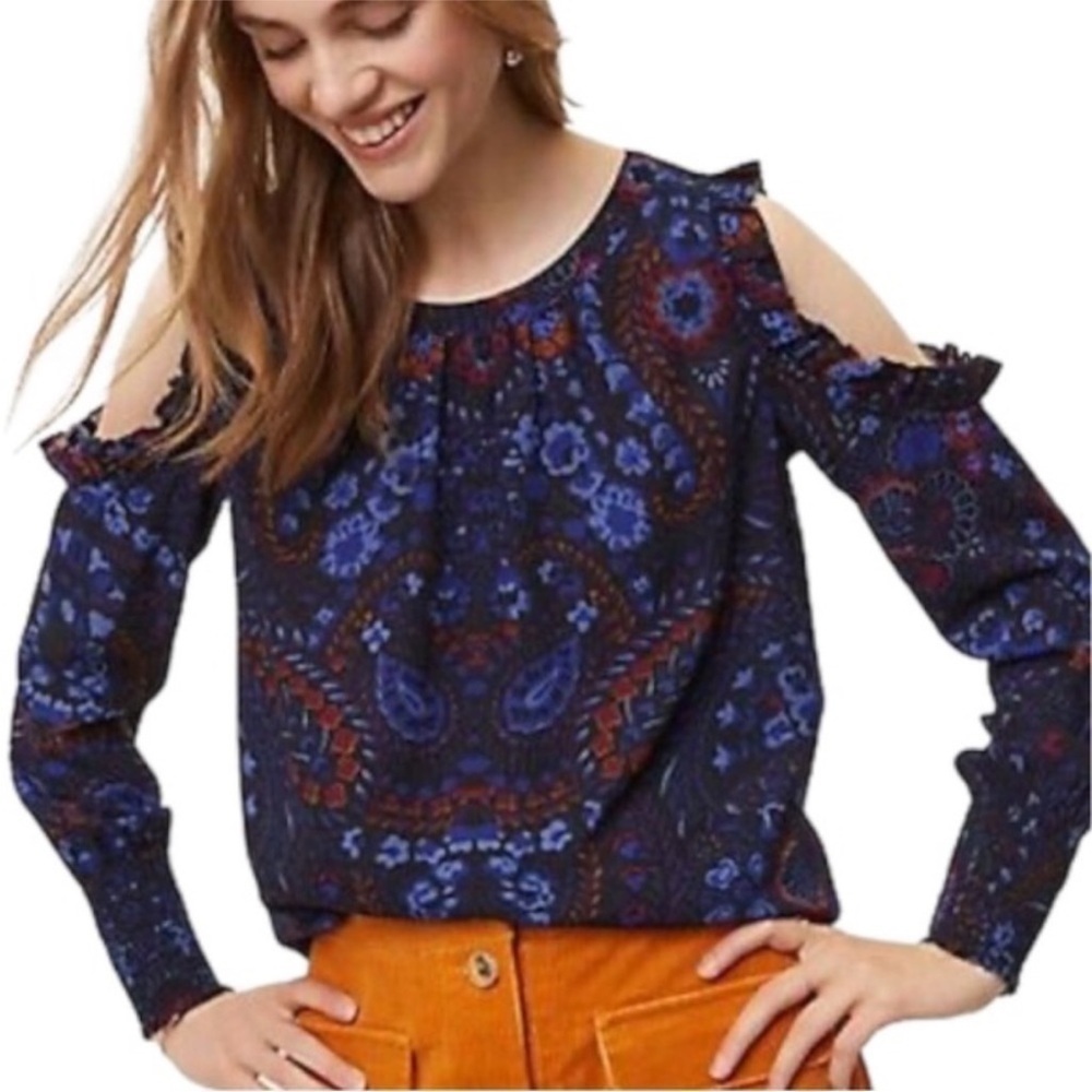 Loft Paisley Floral Blouse Blue Purple Red Ruffle Cutout Shoulder Long Sleeve